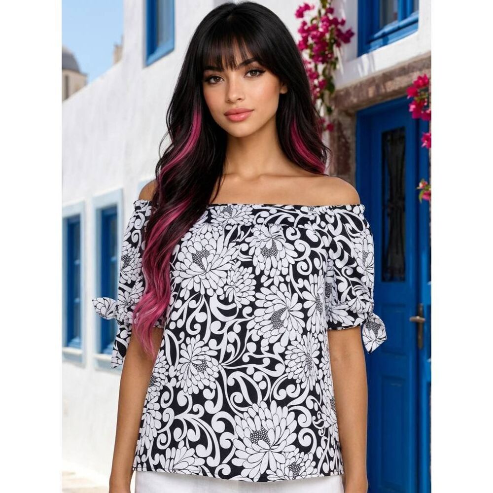 💜Allison Taylor Black & White Floral Print Tie Sleeve Top Small
